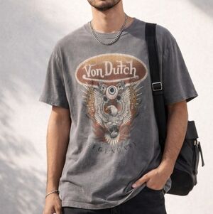 🆕️Von Dutch Graphic Tee Large Gray Legendary Eagle Y2K Streetwear Vintage Wash